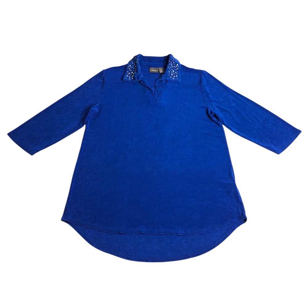 Chicos Travelers Popover Tunic Top Womens L 2 Blue Slinky‎ Embellished Collar